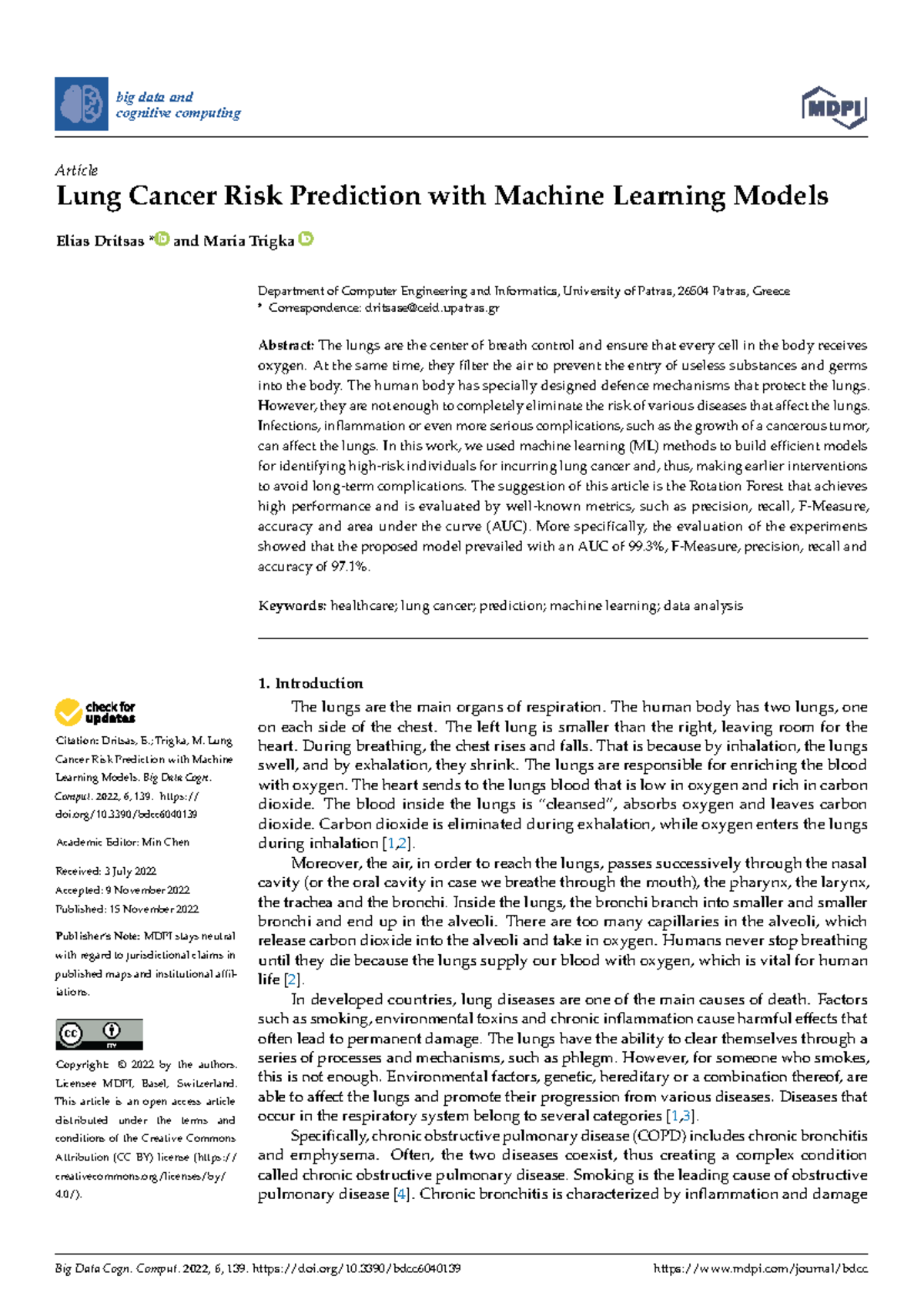 BDCC 06 00139: Lung Cancer Risk Prediction Using Machine Learning ...
