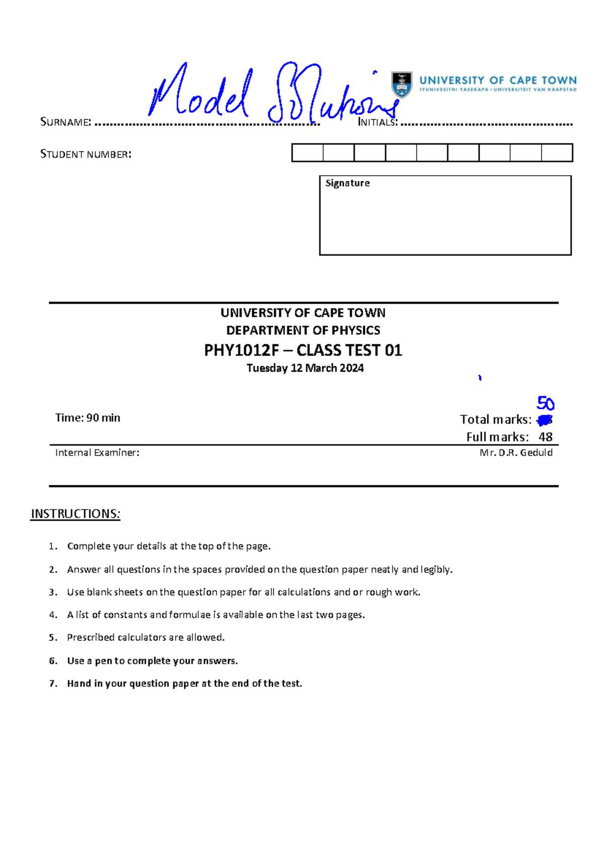 PHY1012F Class Test 01 - Sick Test - March 12, 2024 - Studocu