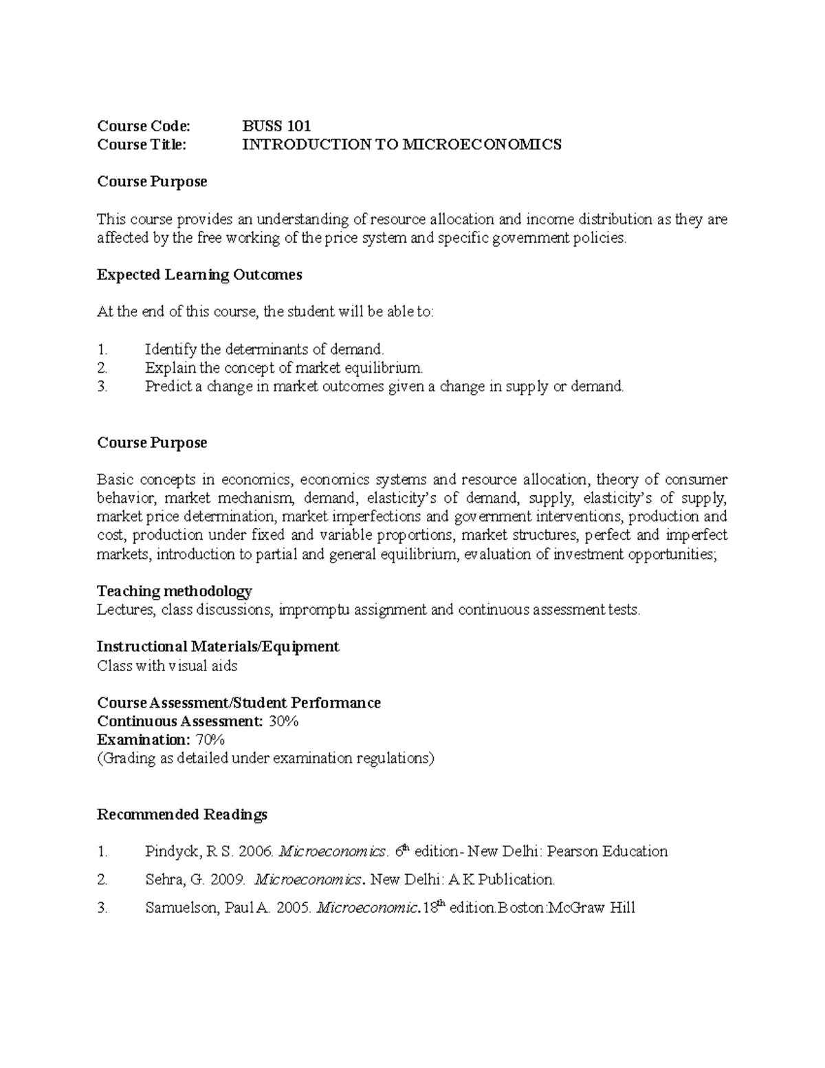 BUSS 101 - Intro to Microeconomics Course Overview and Outcomes - Studocu