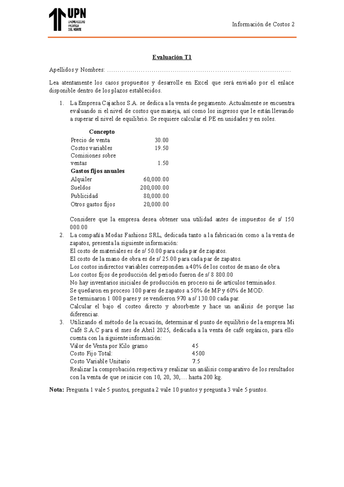 Evaluación T1-IC2: Análisis de Costos y Punto de Equilibrio - Studocu