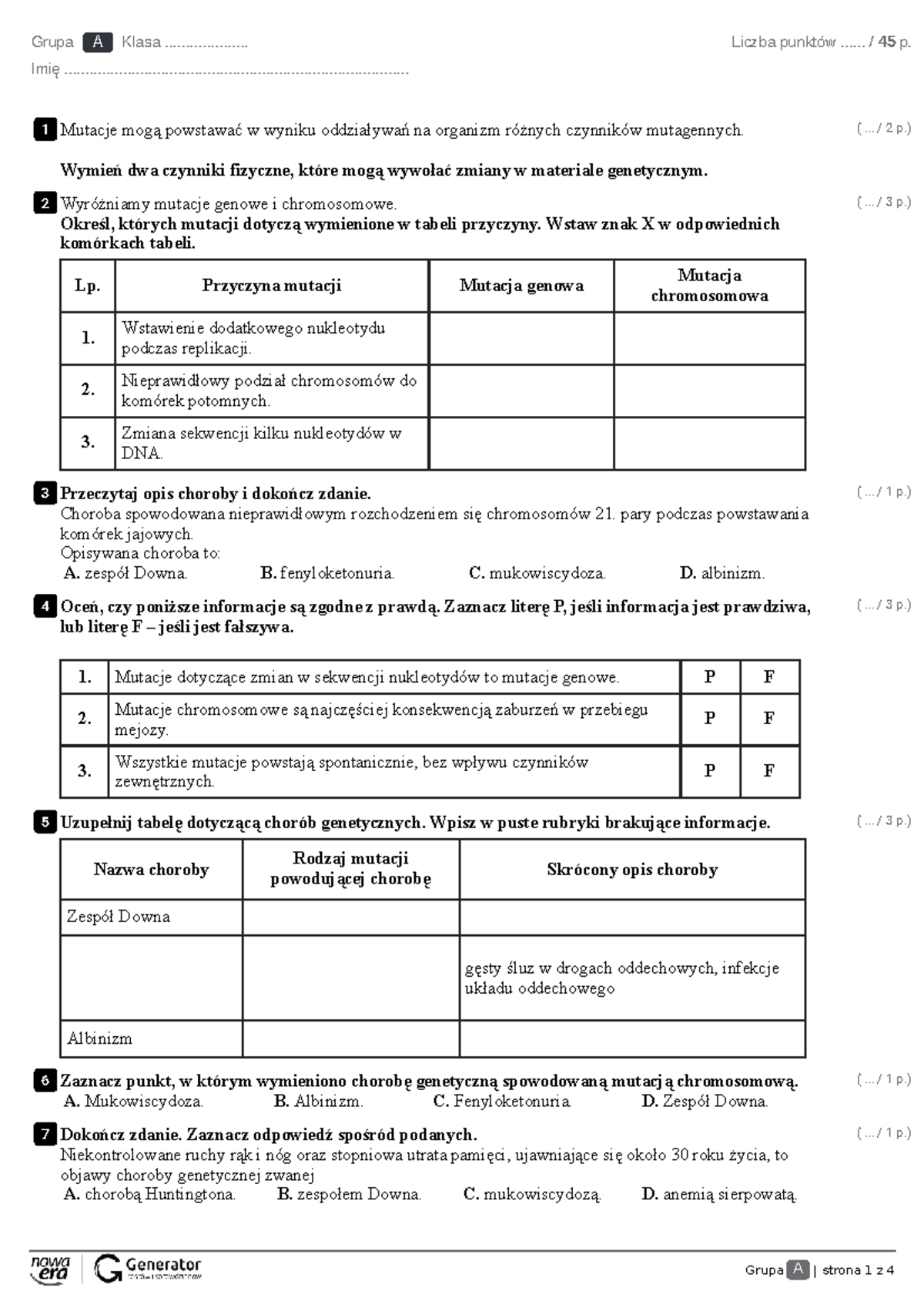 I.8 Test Mutacji Genowych i Chromosomowych (z punktacją 45) - Document Preview