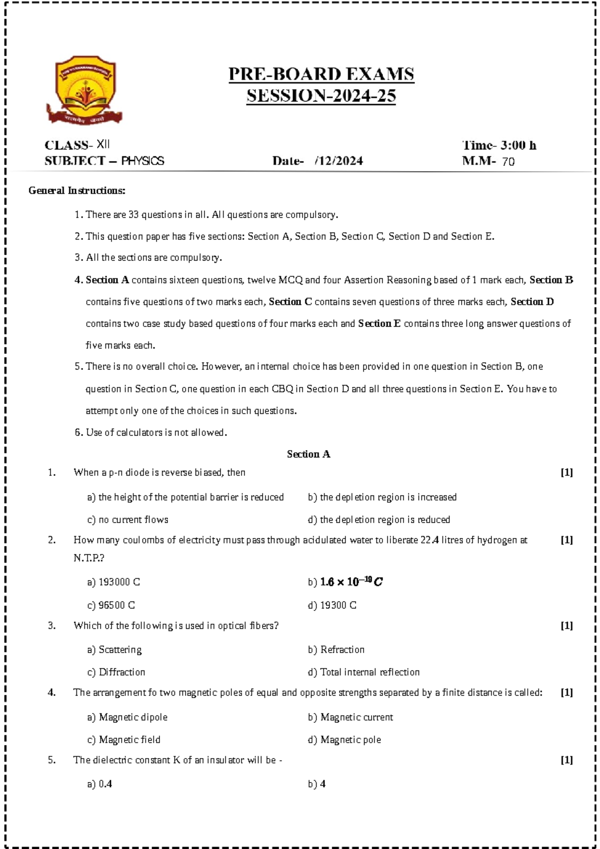 Physics 12 - Sample paper, for your help - General Instructions: 1 ...