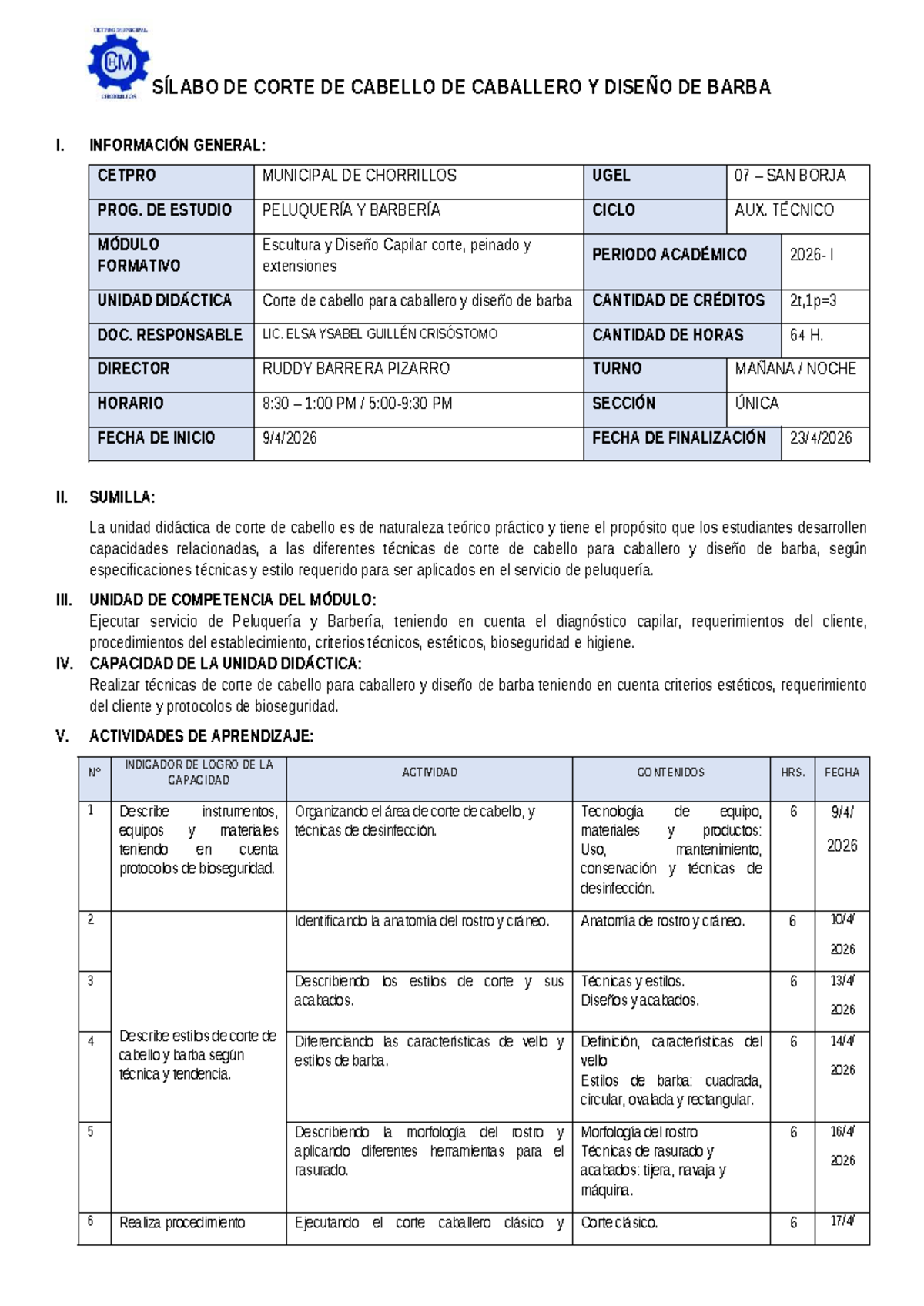 Sílabo de Corte de Cabello y Diseño de Barba - CETPRO 2026 - Document Preview