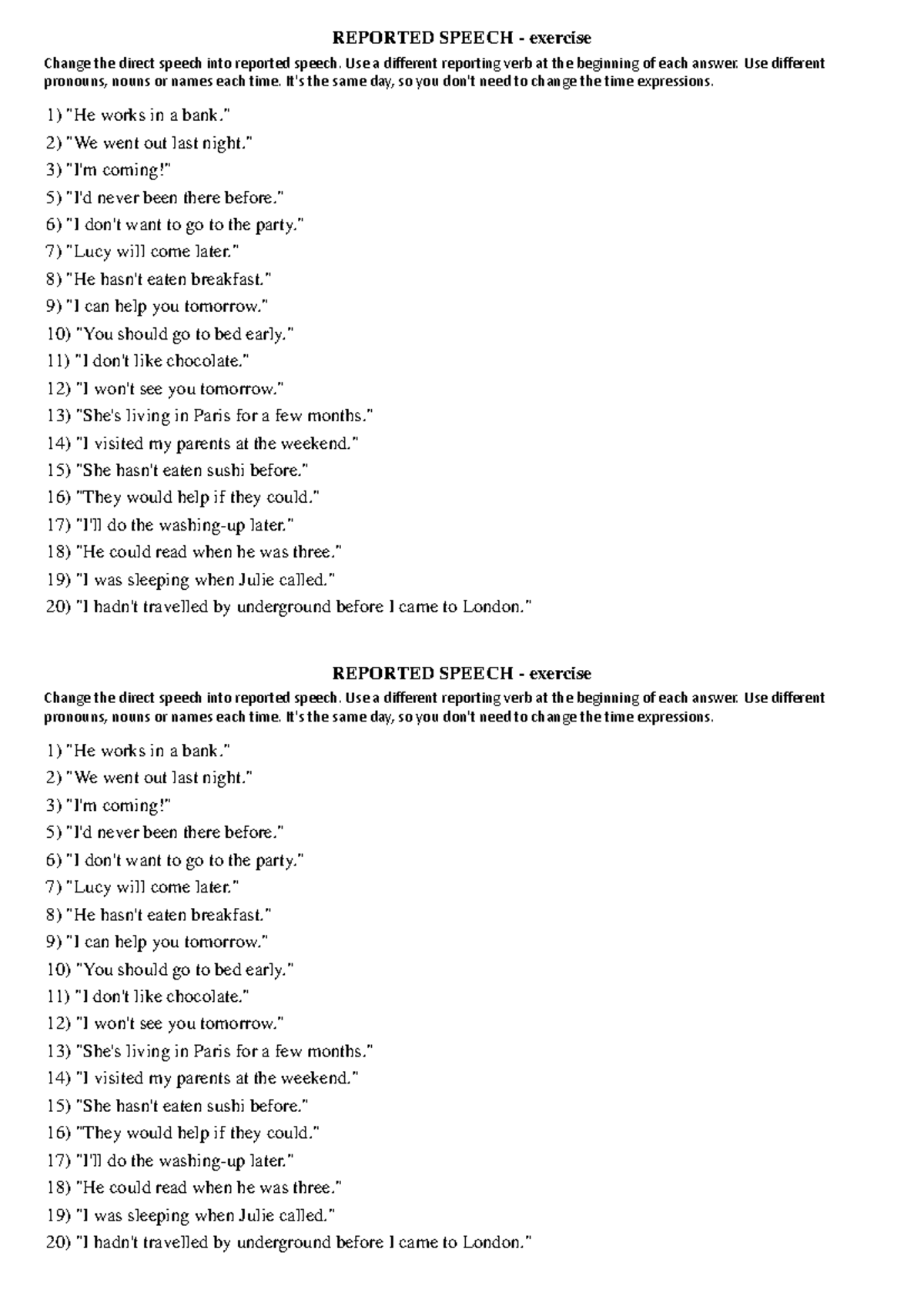 ENG 101: Reported Speech Exercise - Transforming Direct Speech - Studocu