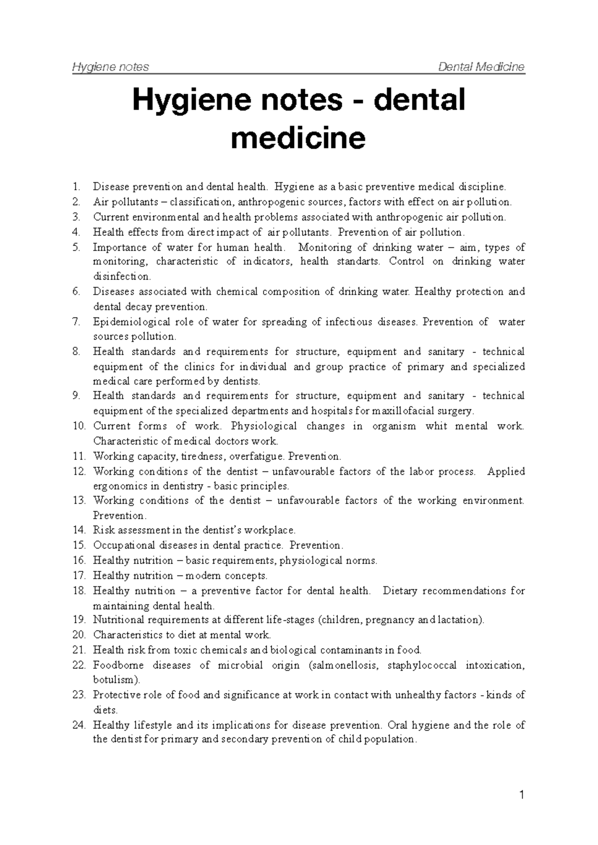 Hygiene Notes on Disease Prevention in Dental Medicine (DENT-101) - Studocu