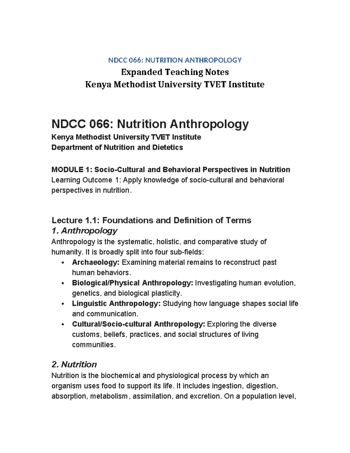 NDCC 066: Expanded Lecture Notes on Nutrition Anthropology - Studocu