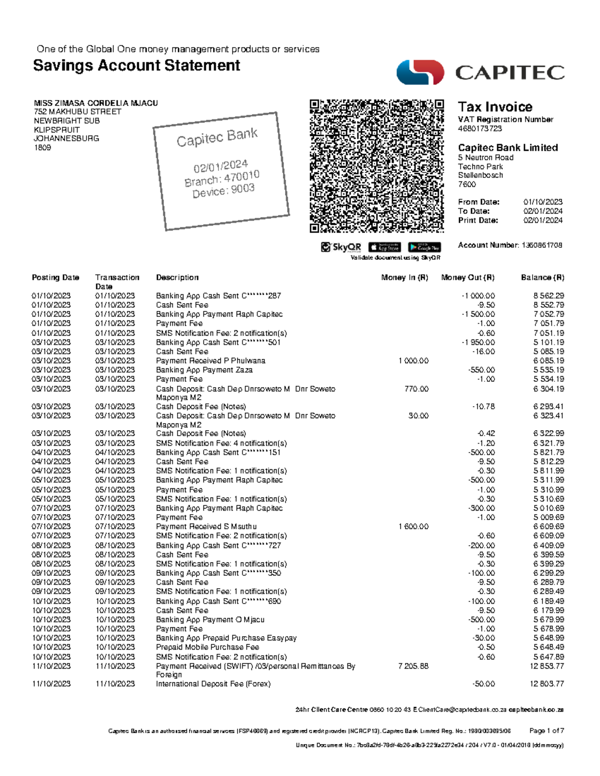 Capitec Bank Account Statement 1 Oct 2023 To 2 Jan 2024 Studocu