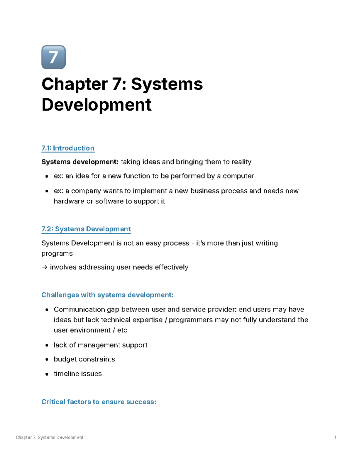 Chapter 7 - cheat sheet - 󾠴 Chapter 7: Systems Development 7 ...