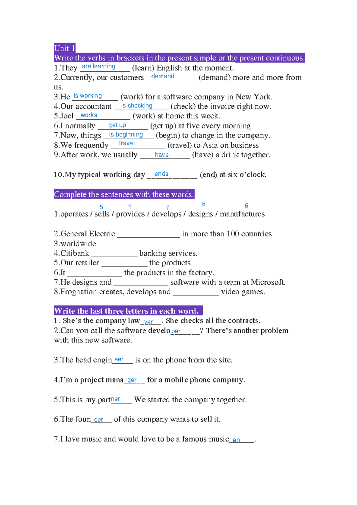 Bt-all-unit: Present Simple & Continuous Verbs Practice and Exercises ...