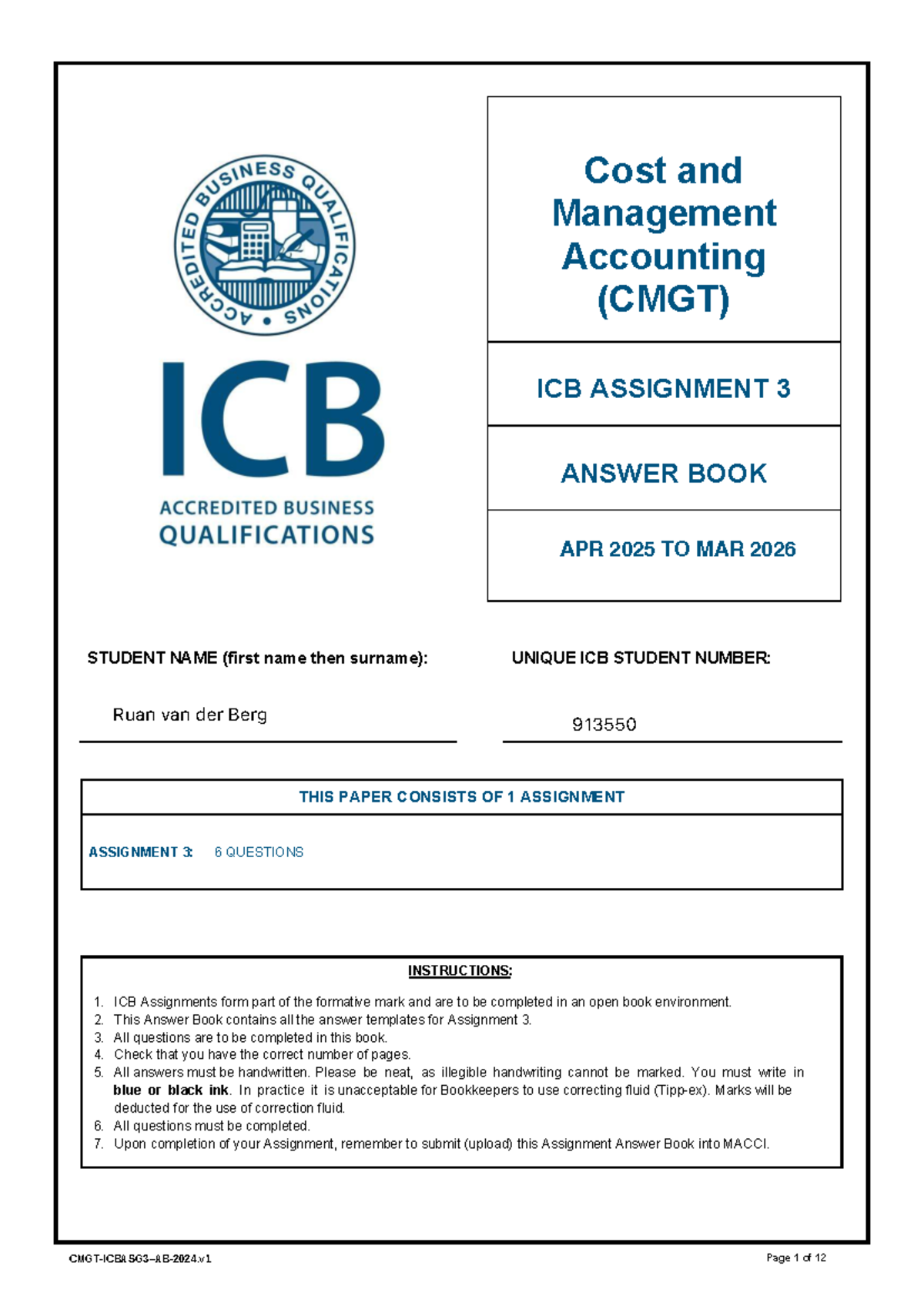 CMGT Cost & Management Accounting Assignment 3 Answer Book (Apr 2025 ...