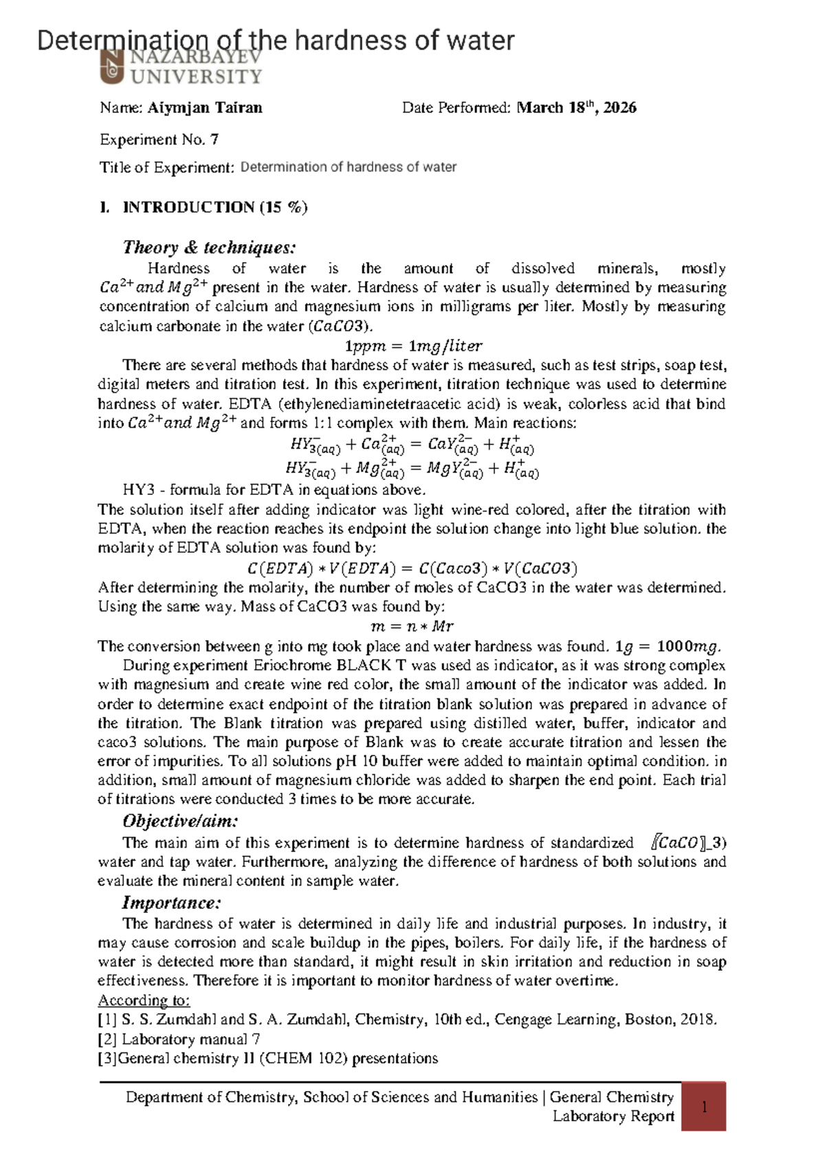 Experiment 7 Report: Determining Water Hardness (CHEM 102) - Studocu