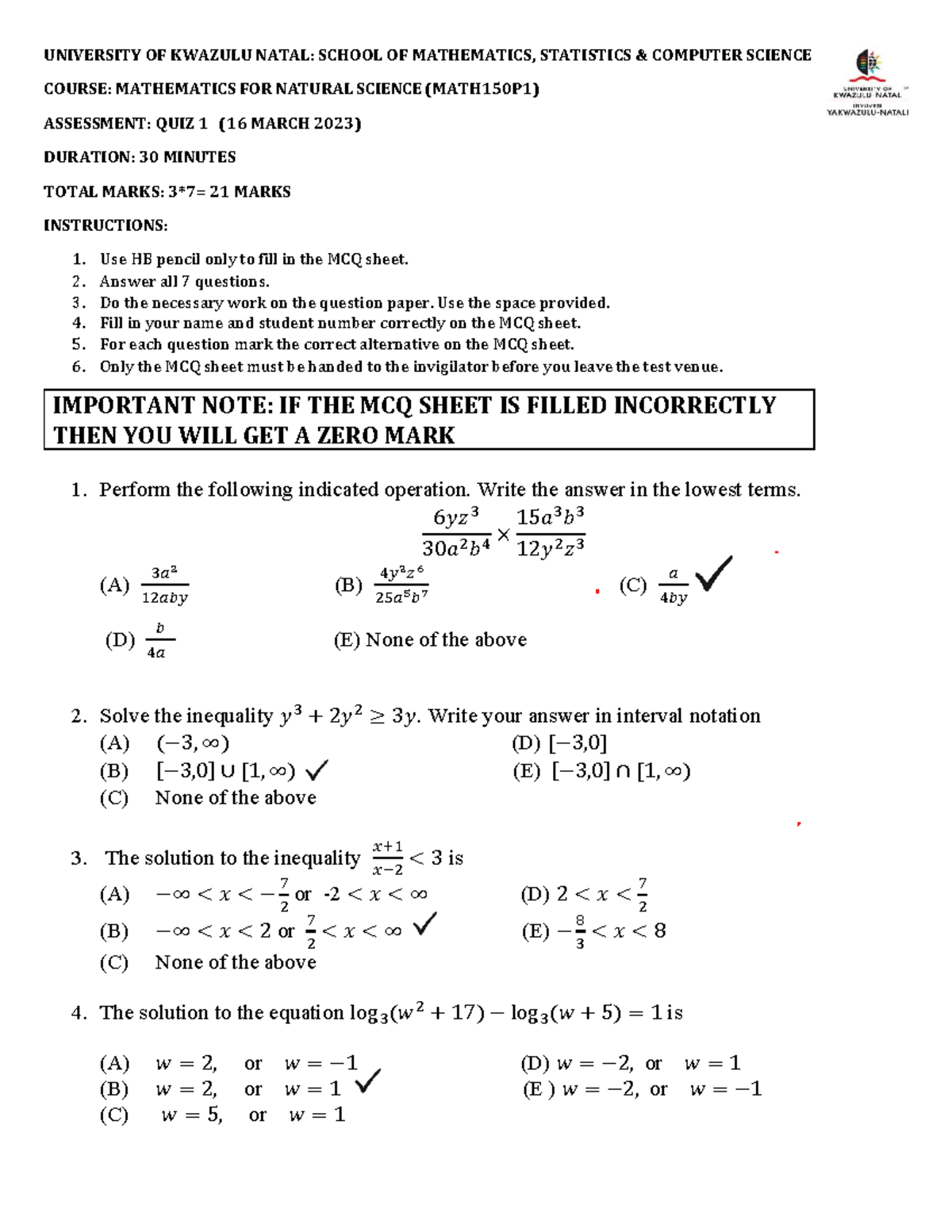 MATH150P1 Quiz 1: Key Concepts and Solutions (16 March 2023) - Studocu