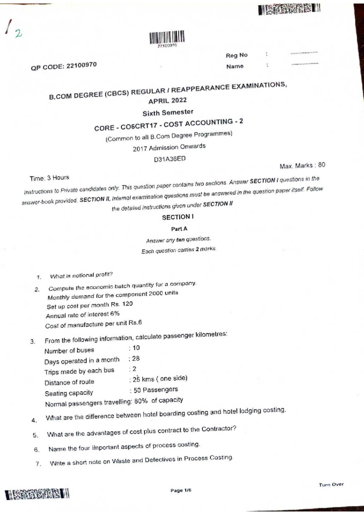 B.COM 6th Sem Cost Accounting Exam QP & Answers - April 2022 - Studocu