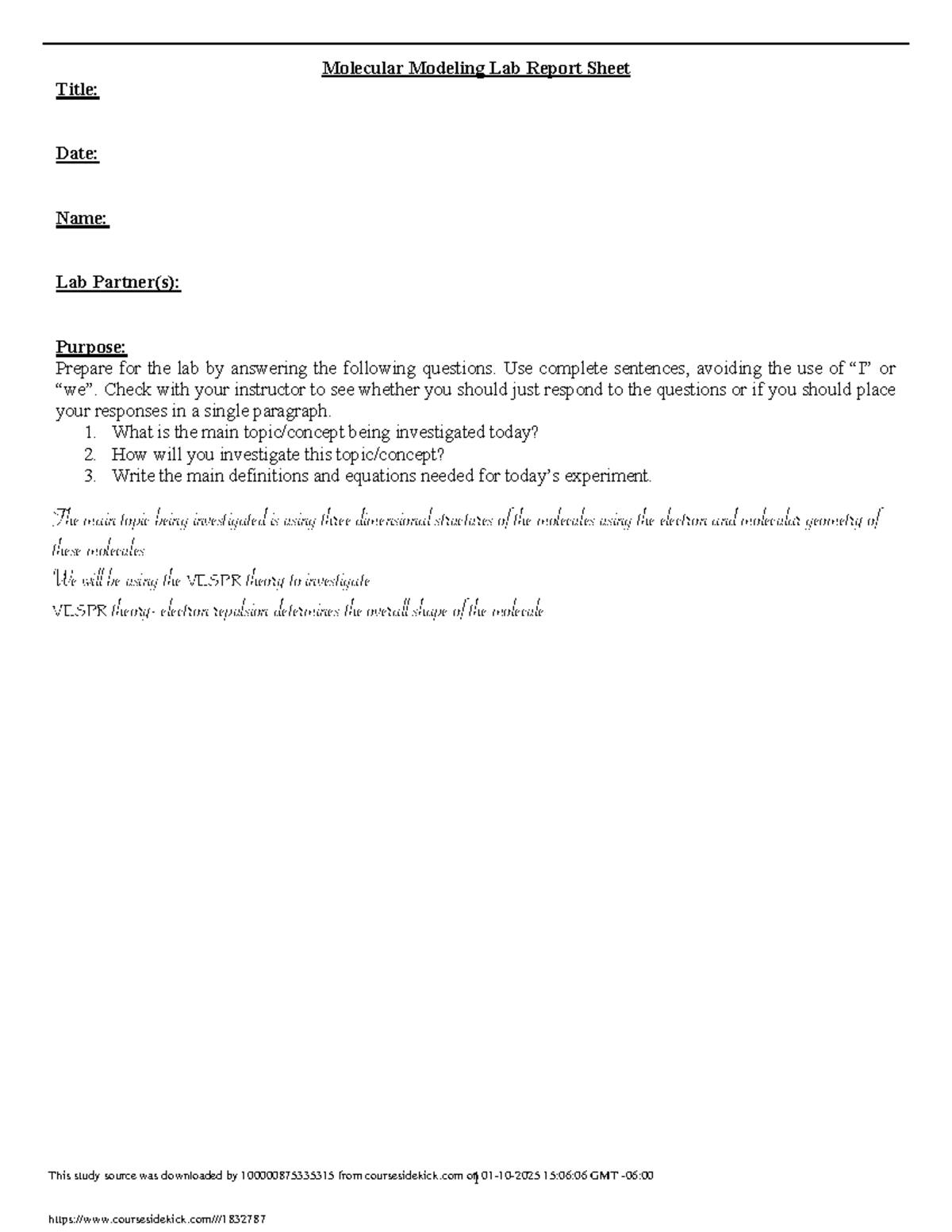 Final Lab Report 1: Investigating Molecular Geometry via VSEPR Theory ...