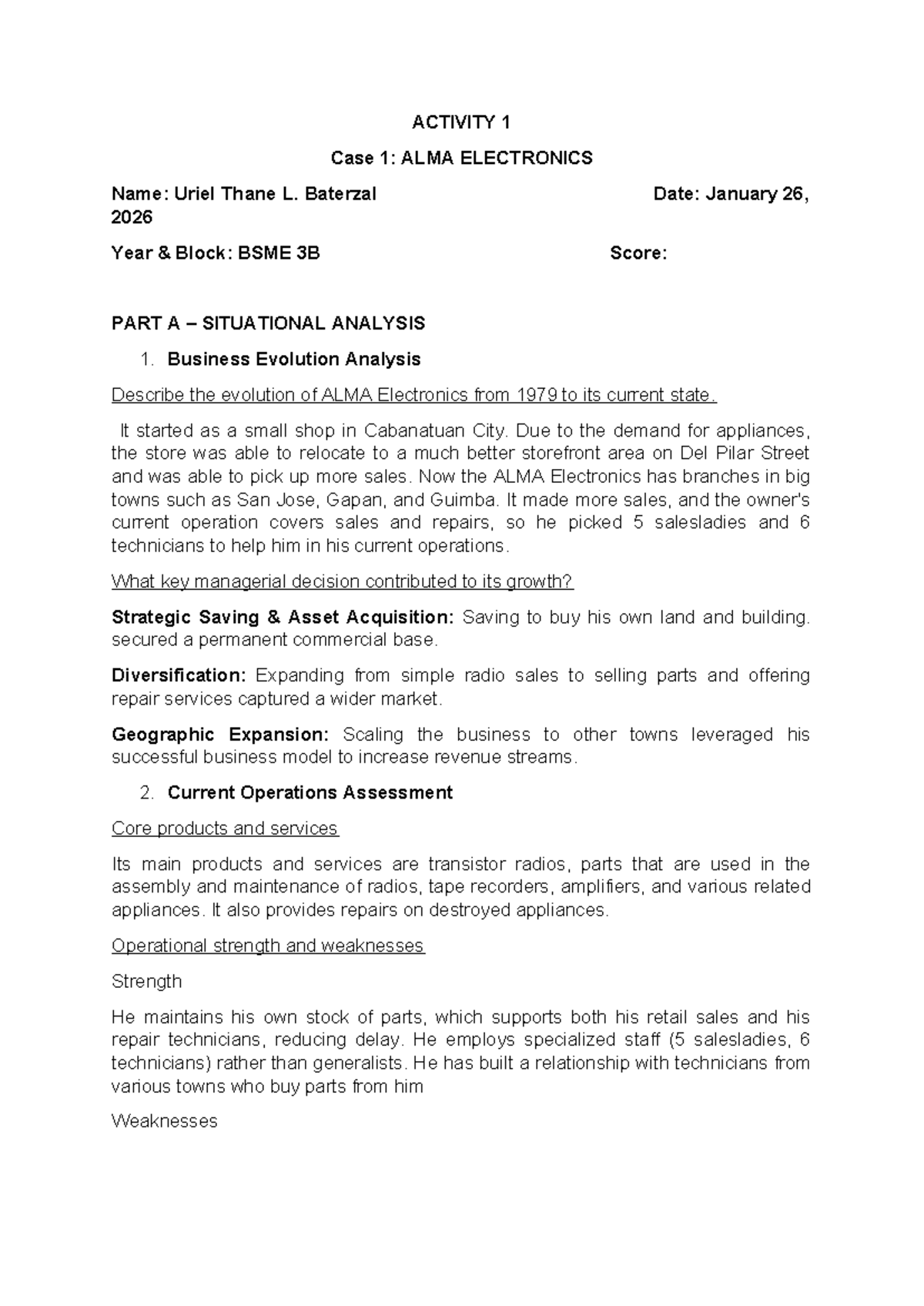 ACTIVITY 1 Case Study: ALMA Electronics Business Analysis and ...