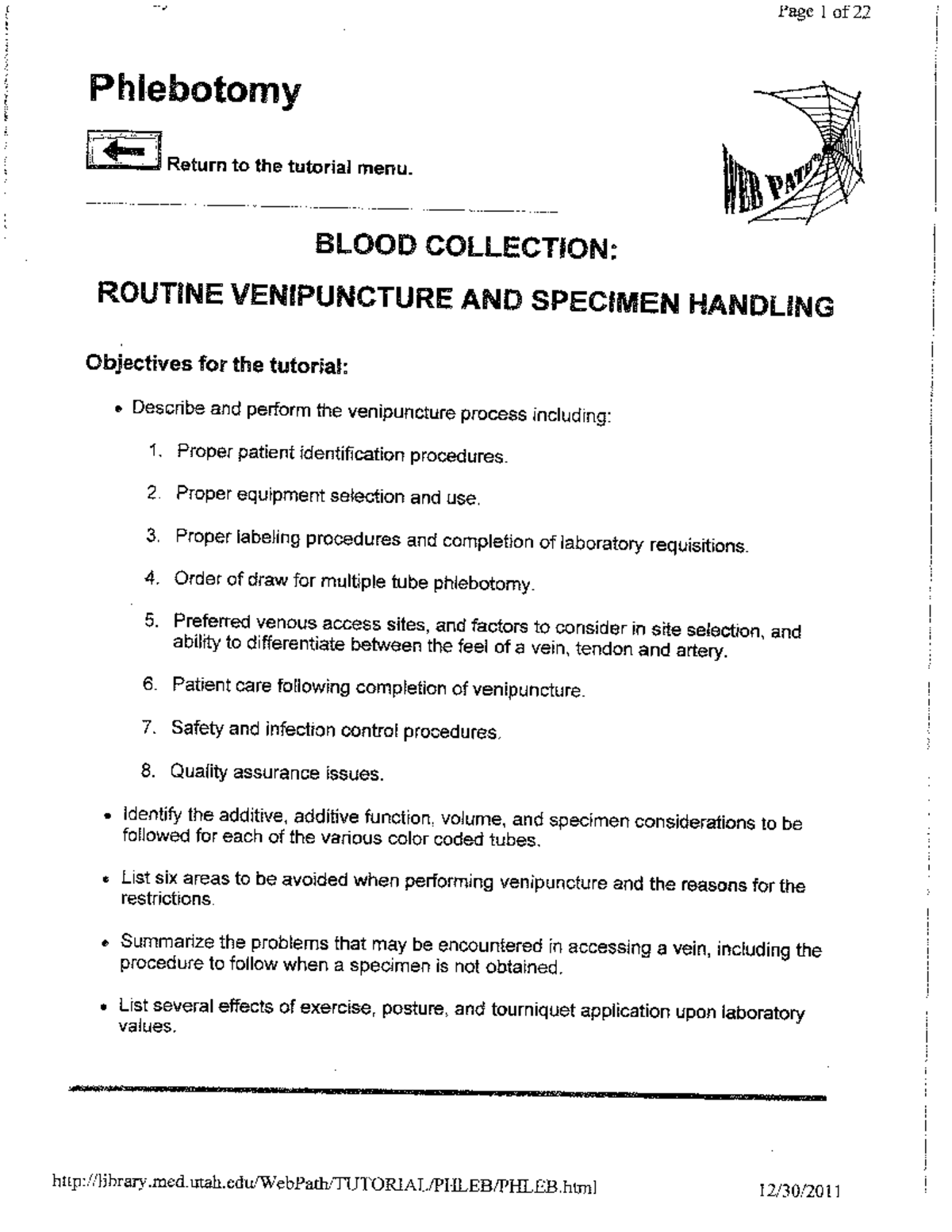 Blood Collection - Page 1 of 22 Phlebotomy Return to the tutorial menu ...