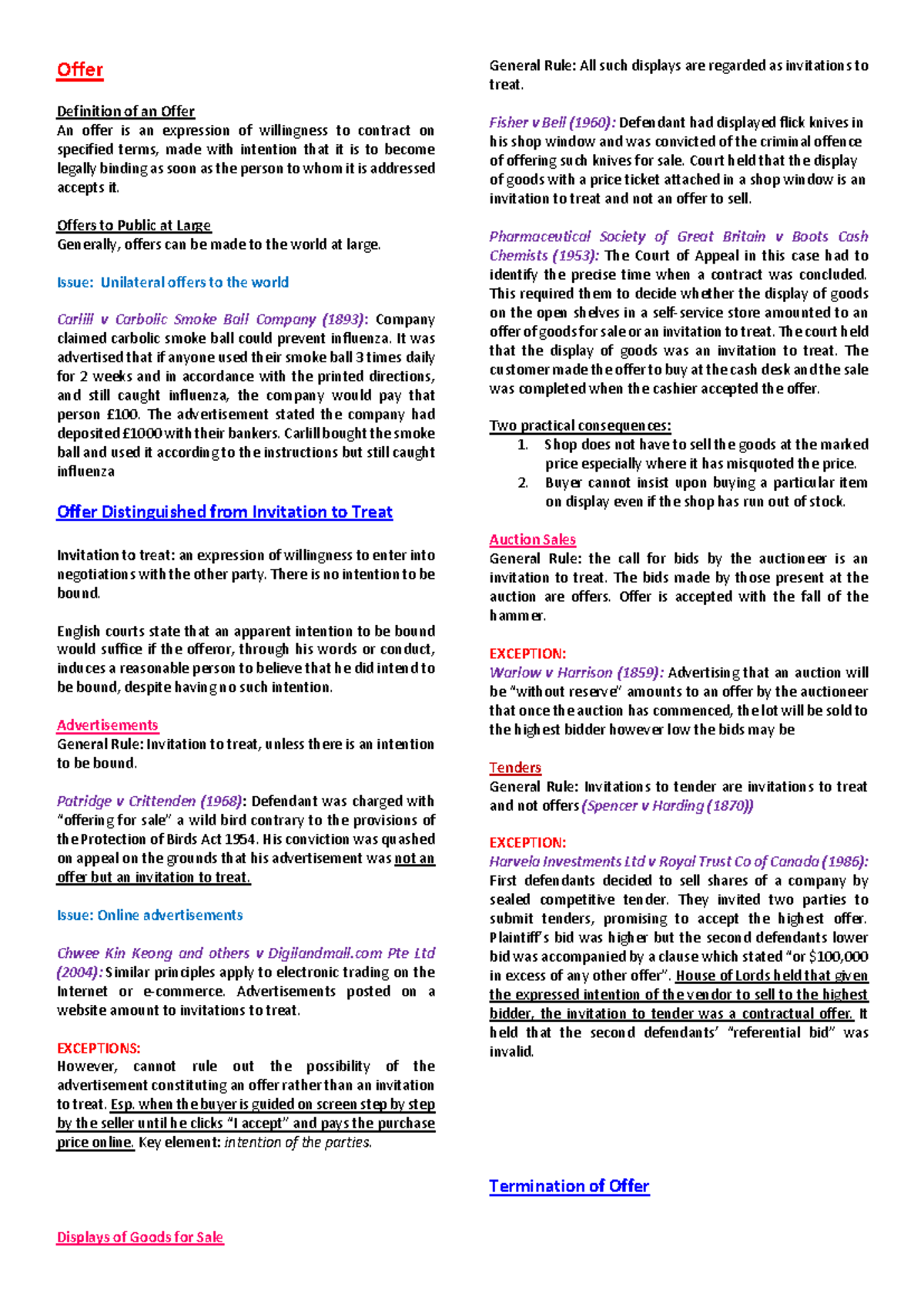 Business Law Consolidated Notes: Understanding Offers and Acceptances ...