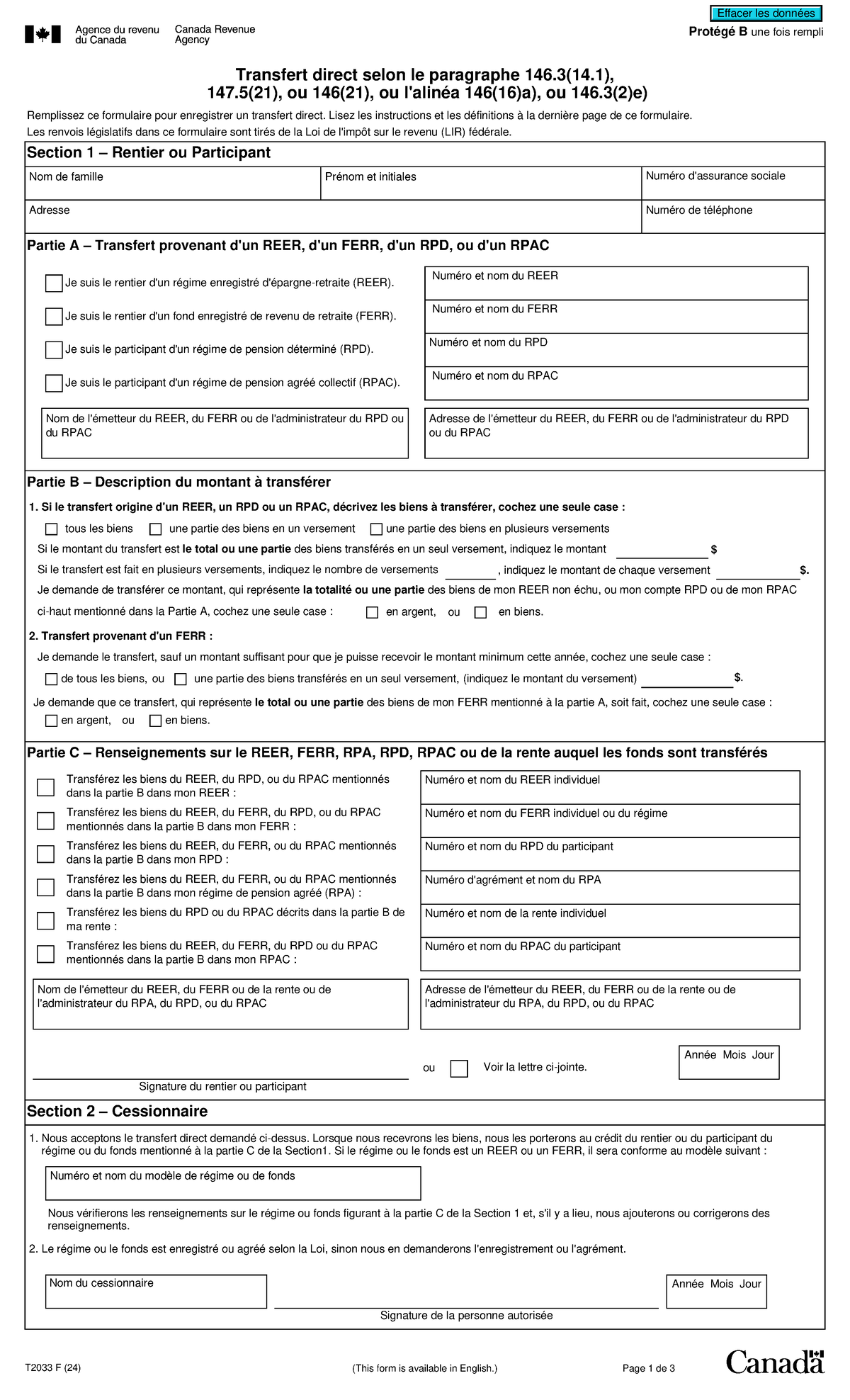 T2033 - Protégé B une fois rempli Transfert direct selon le paragraphe ...