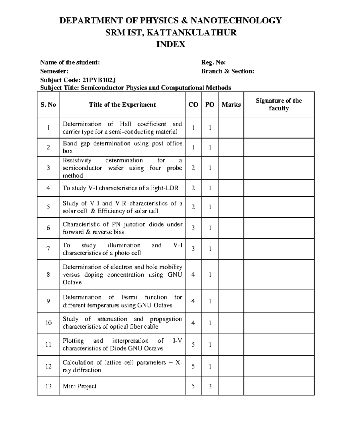 Index of Physics Lab Experiments - 21PYB102J - Studocu