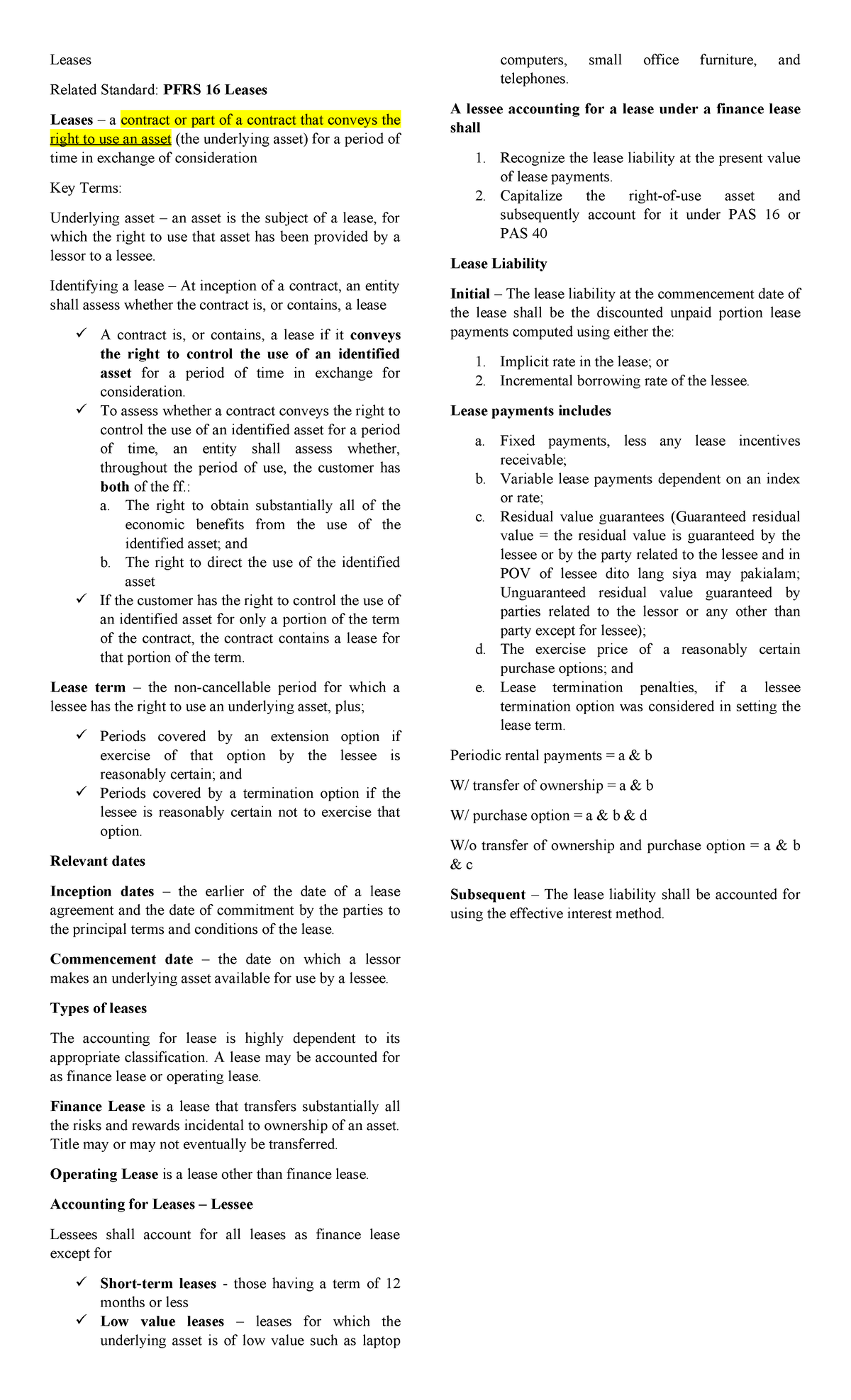 PFRS 16 Leases - Key Concepts and Accounting Guidance Notes - Studocu
