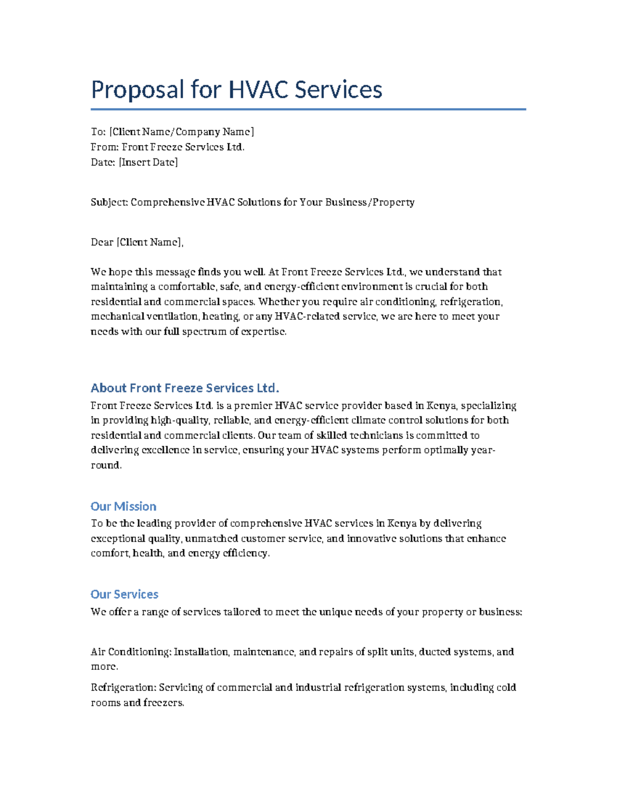 Proposal for Comprehensive HVAC Solutions by Front Freeze Services Ltd ...