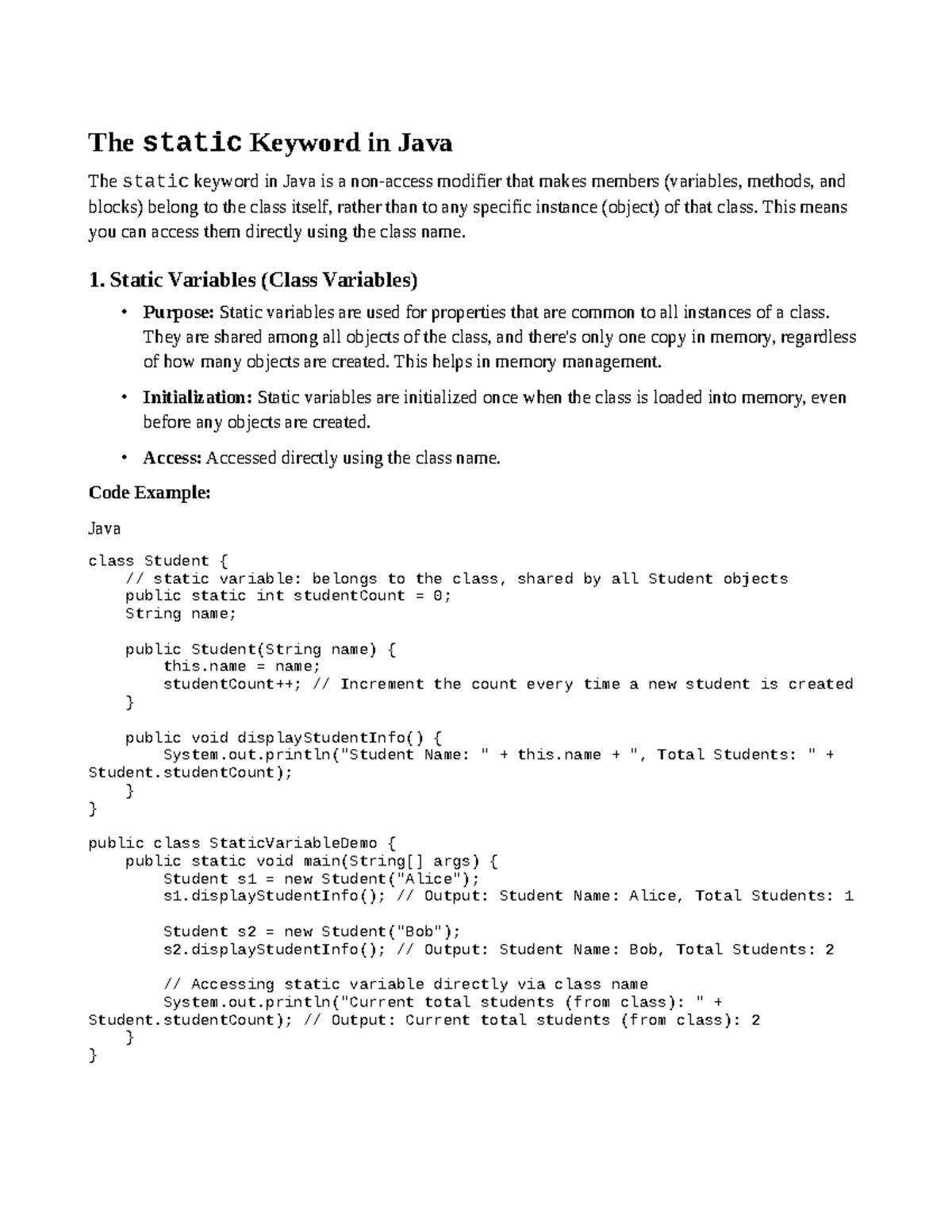 Static and Final Keyword Notes in Java (CS101) - Studocu