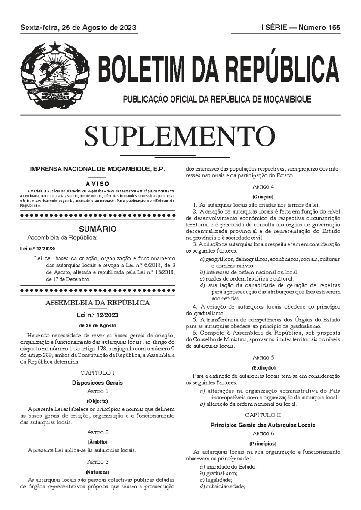 Mz Government Gazette I Series Supplement - August 25, 2023, No. 165 ...