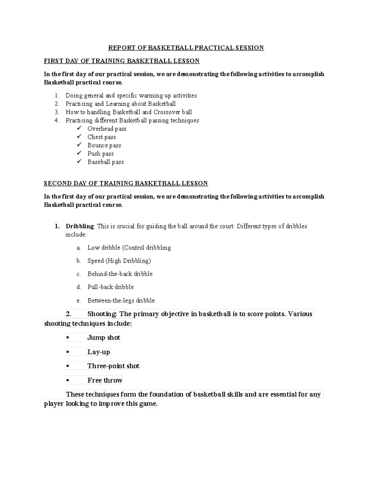 Basketball - Module - REPORT OF BASKETBALL PRACTICAL SESSION FIRST DAY ...