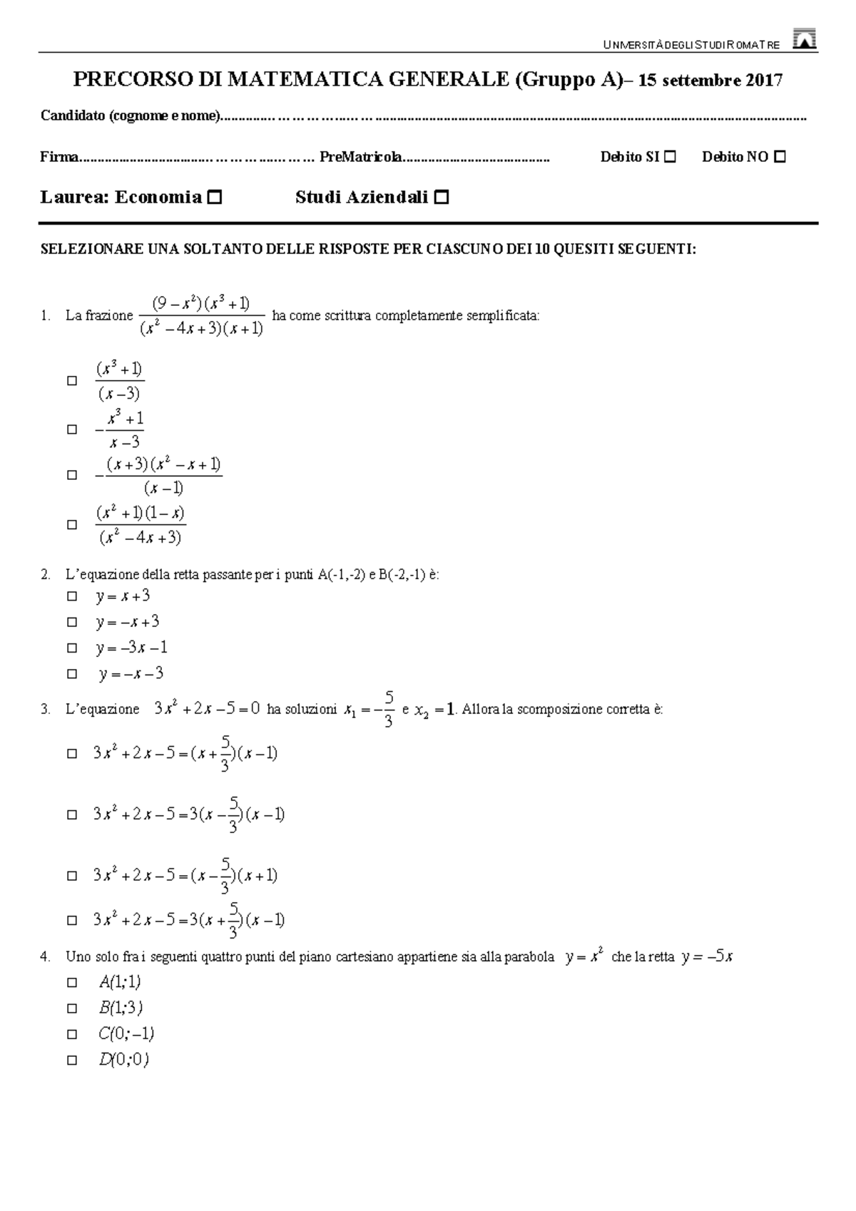 Fac Simile Test - Esame di Matematica Generale (Corso 15 Settembre 2017 ...
