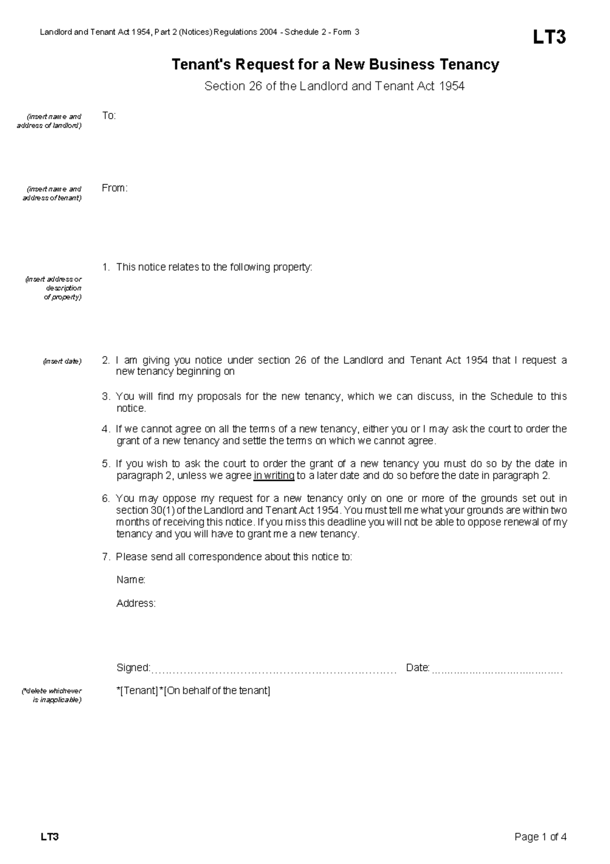 Section 26 Tenant Request LForm - LT3 for New Business Tenancy - Studocu