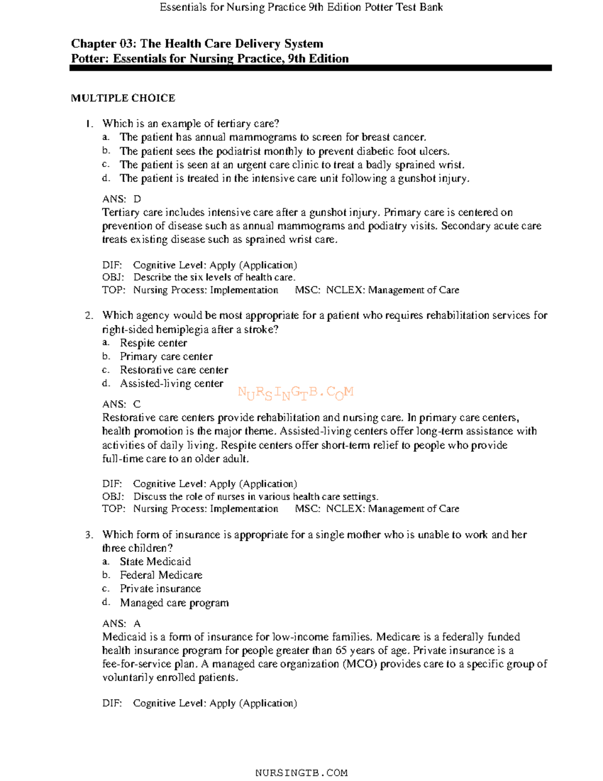 Essentials for Nursing Practice 9th Edition Potter Test Bank Chapter 03 ...