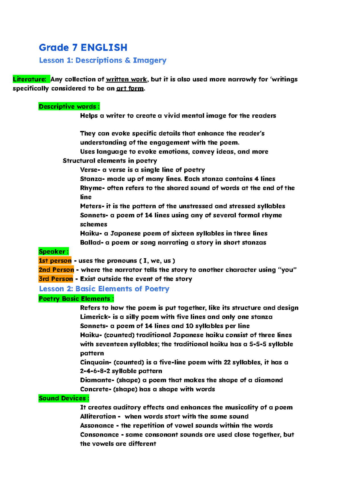 Grade 7 ENGLISH Lesson 1: Exploring Descriptive Imagery in Poetry - Studocu