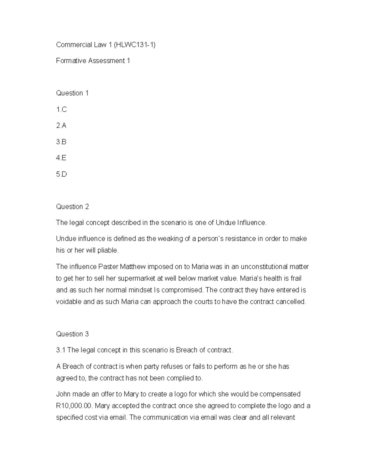 HLWC1181 - FA1 Memo: Commercial Law 1 Assessment Guide (July-Dec 2024 ...