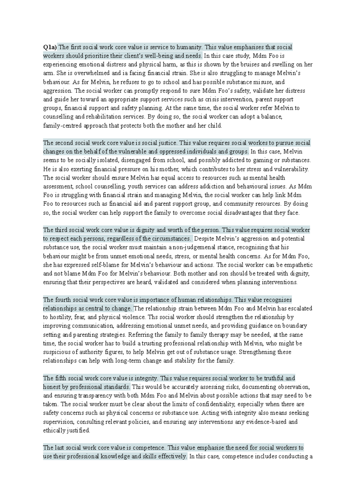 SWK201 Case Study: Core Values in Social Work Practice - Studocu