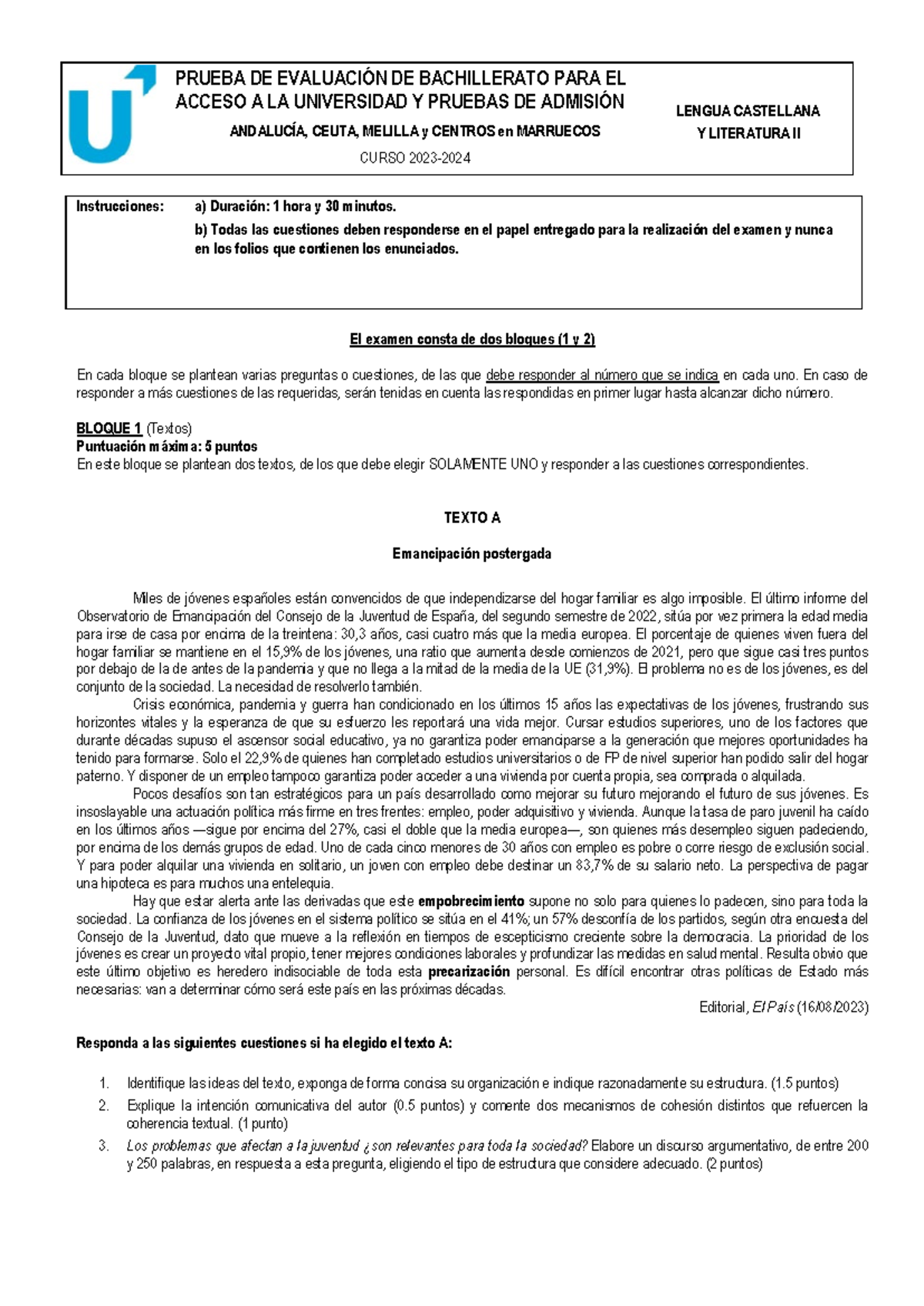 PRUEBA DE EVALUACIÓN DE BACHILLERATO LENGUA CASTELLANA Y LITERATURA II ...