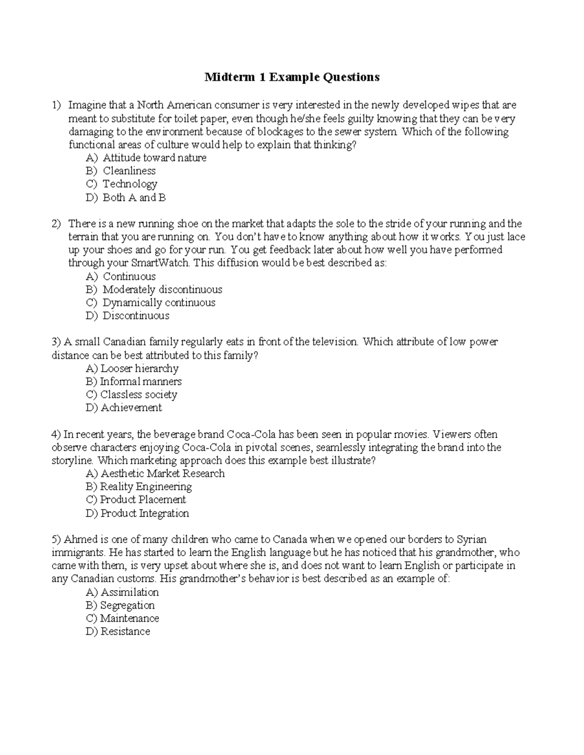 Midterm 1 Sample Questions for Consumer Behavior (CB 101) - Studocu
