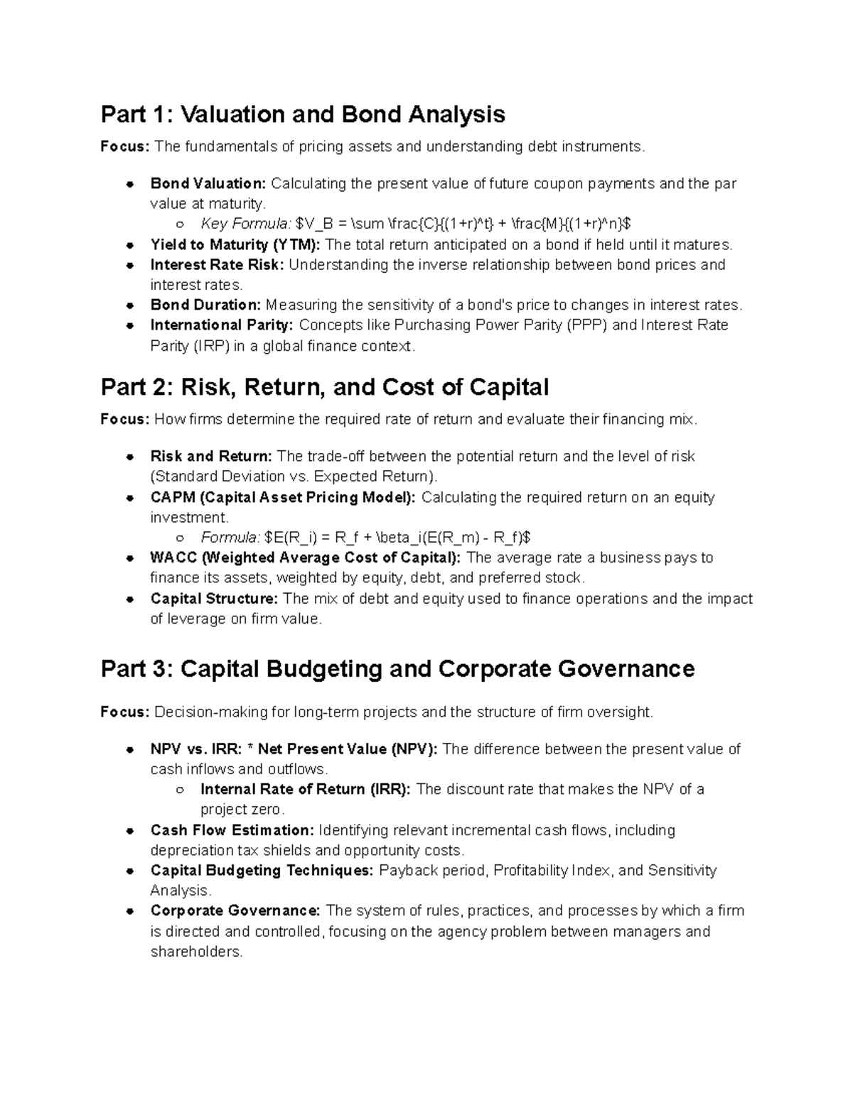 FIN 301: Summary of Exam - Valuation, Risk, and Capital Budgeting - Studocu