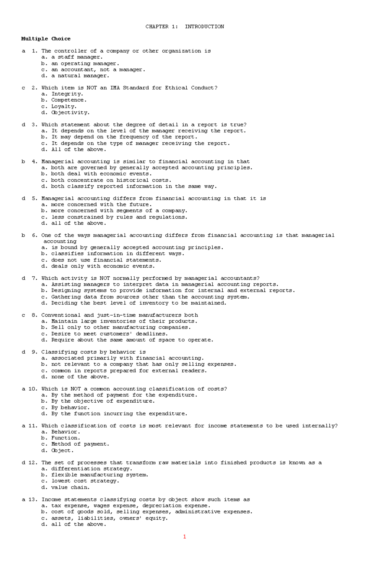 MAS 1: Chapter 1 - Introduction to Managerial Accounting MCQs - Studocu
