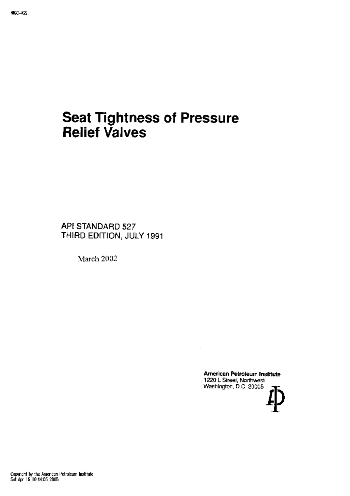 API 527: Seat Tightness Testing of Pressure Relief Valves - Studocu
