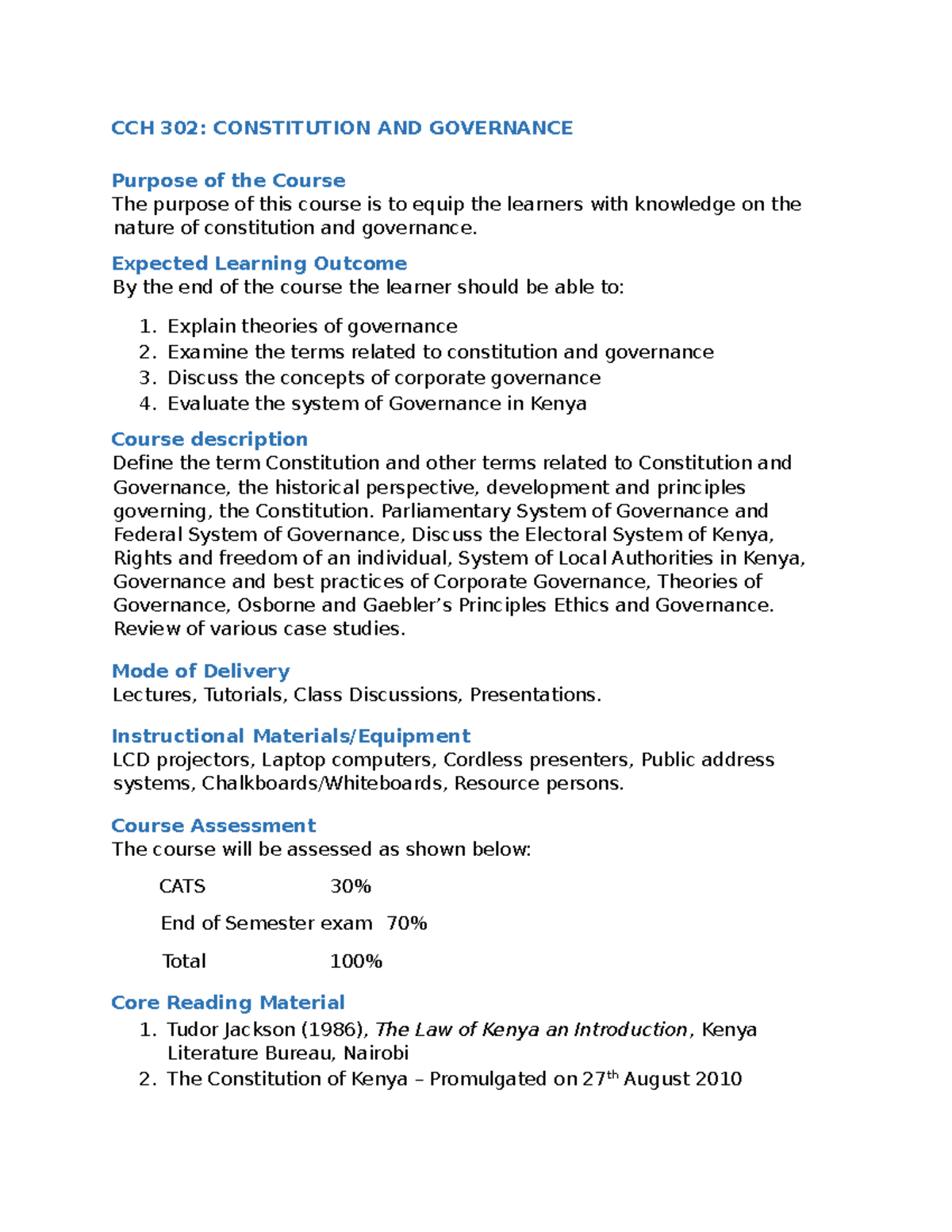 CCH 302 Course outline - CCH 302: CONSTITUTION AND GOVERNANCE Purpose ...