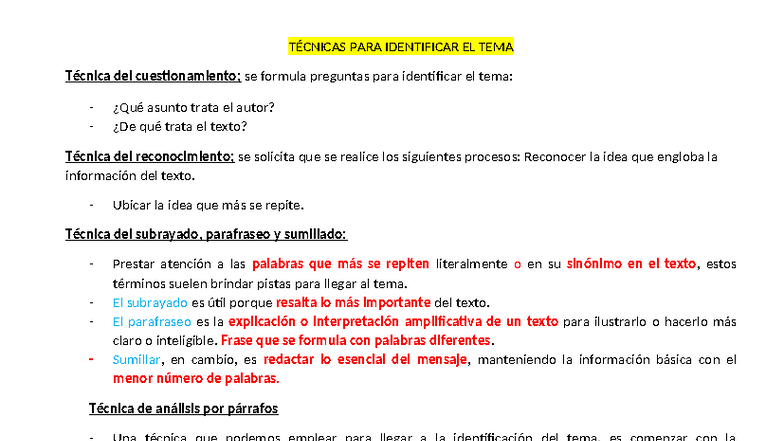 Técnicas para Identificar el Tema en Textos - Resumen de Métodos - Studocu
