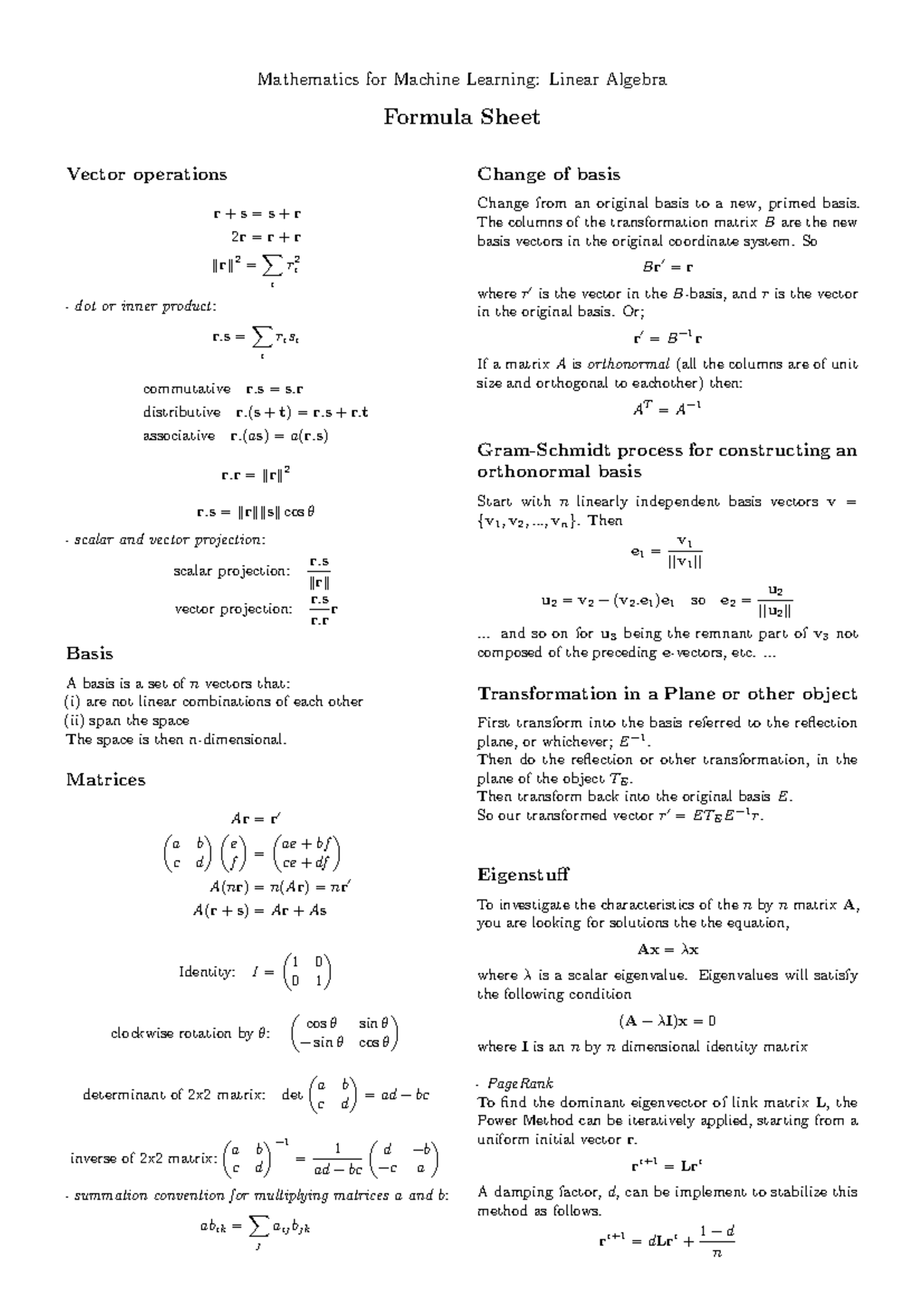 Maths 4ml-linearalgebra-formula - Mathematics for Machine Learning ...