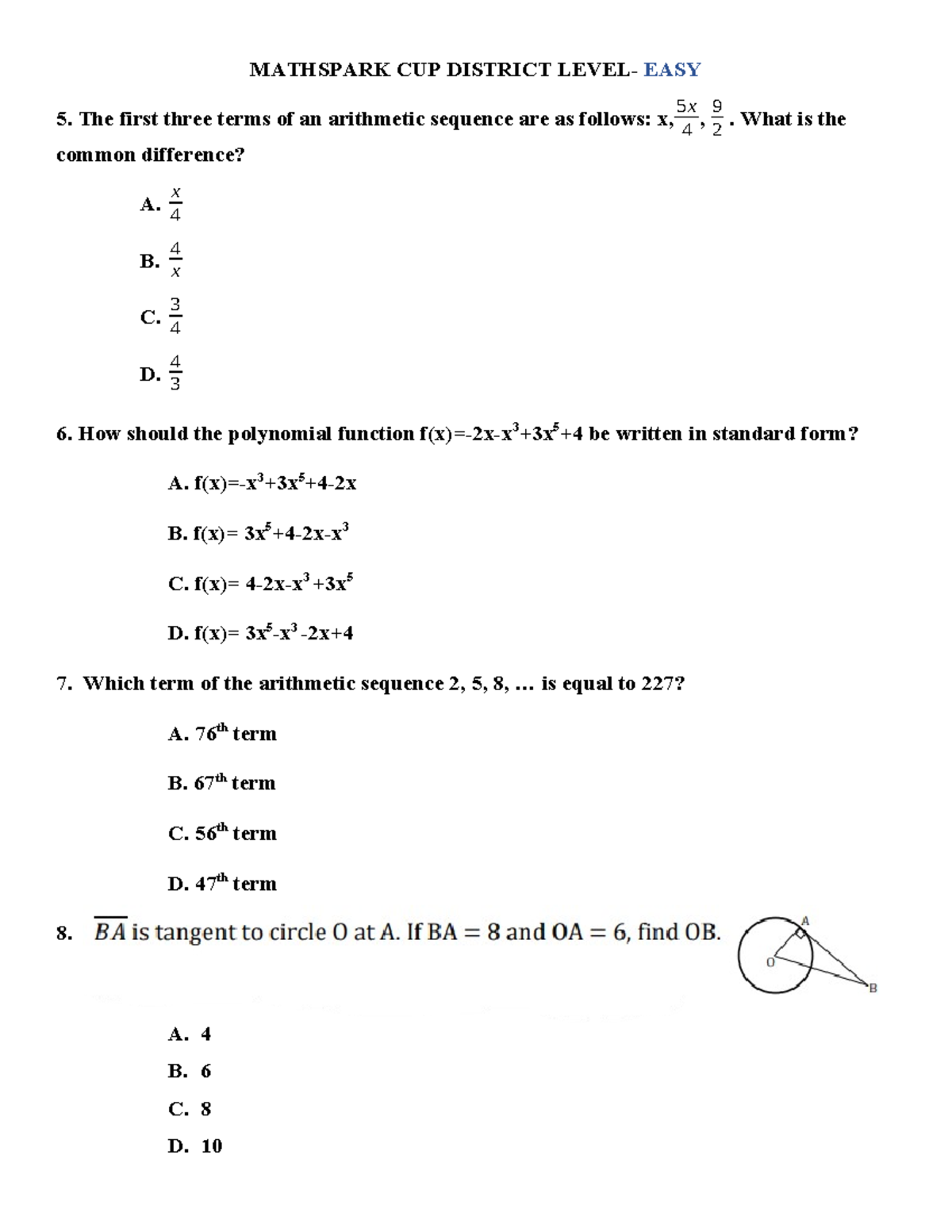 Mathspark CUP District Level - Questions on Easy & Average Difficulty ...