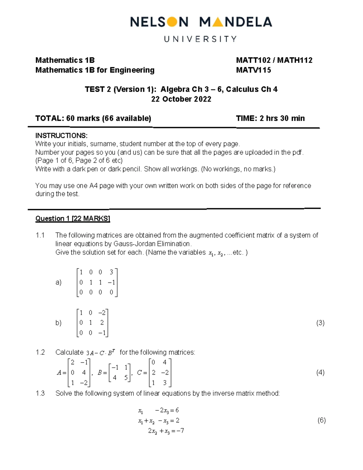 Mathematics 1B MATT102 Short Test 2A - Calculus Chapters 1 & 2 - Studocu