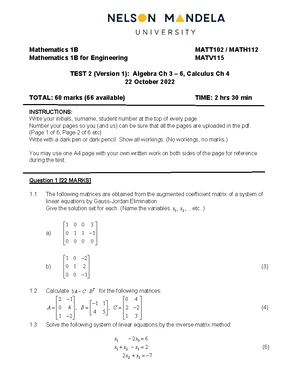 Mathematics 1B MATT102 Short Test 2A - Calculus Chapters 1 & 2 - Studocu