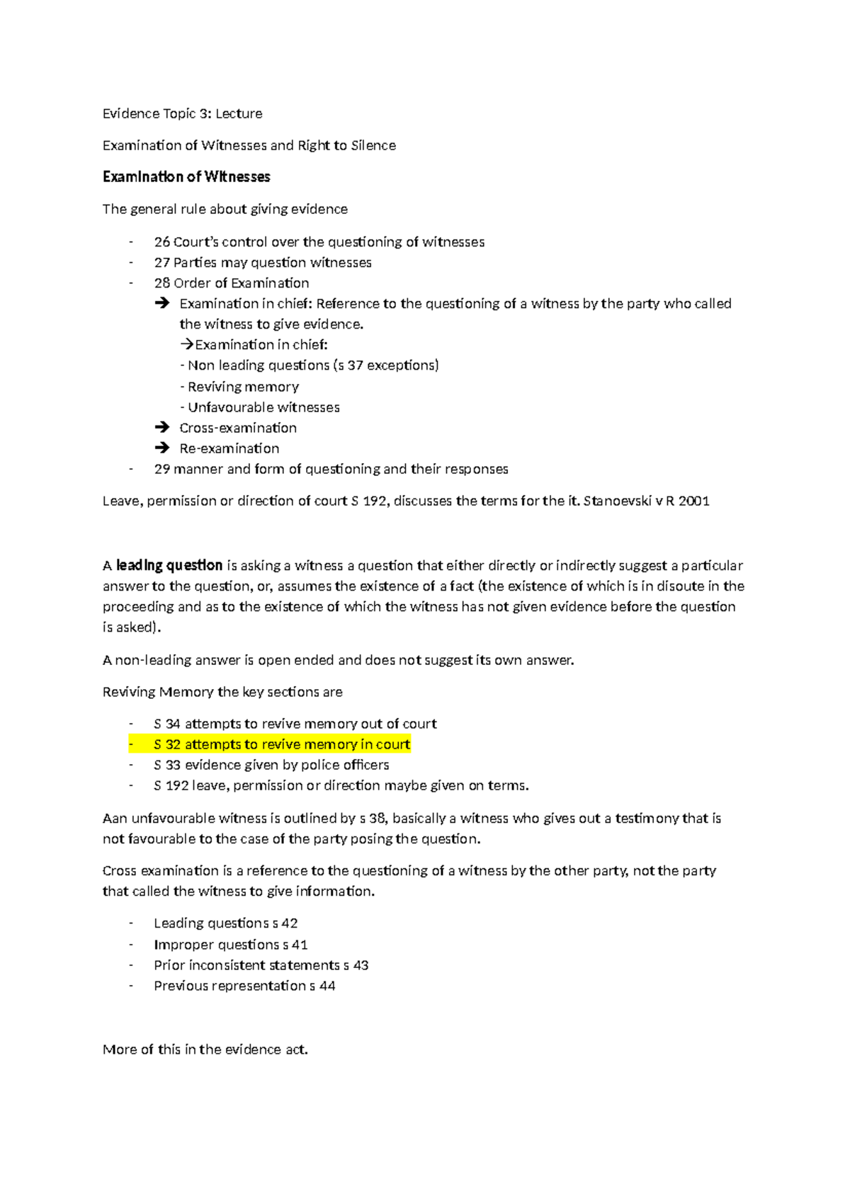 Evidence Topic 3: Examining Witnesses & Right to Silence Lecture Notes ...