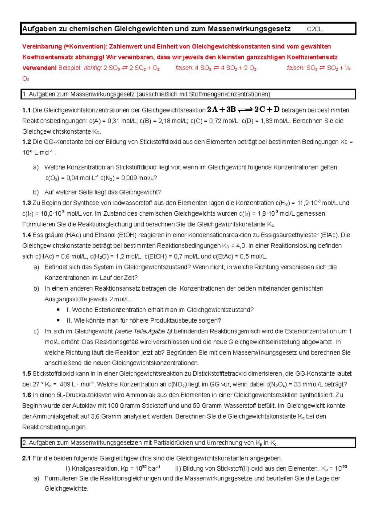 Chemische Gleichgewichte und Massenwirkungsgesetz C2CL - Aufgaben und ...