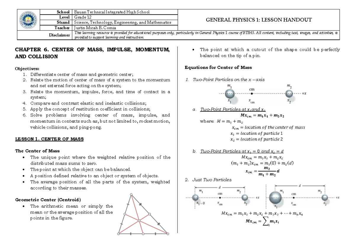 GENERAL PHYSICS 1: LESSON HANDOUT ON CENTER OF MASS, IMPULSE, AND ...
