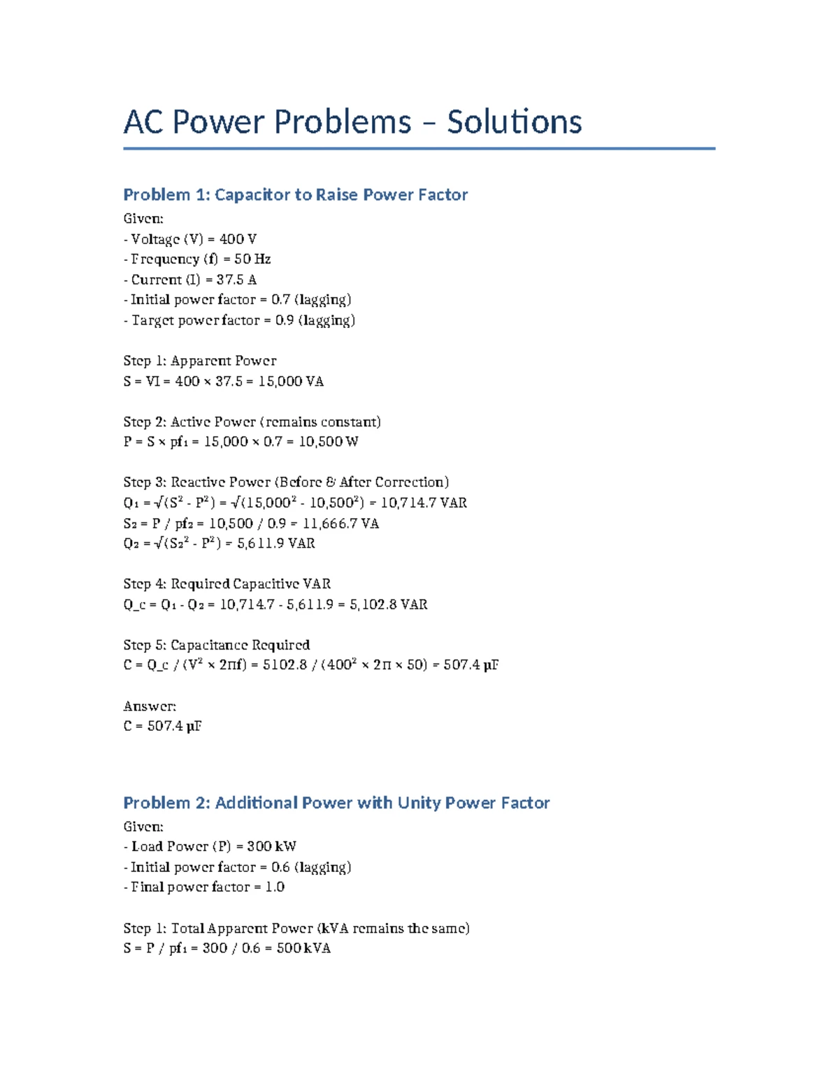 AC Power Problems Solutions (Course Code: Lesson 4) - Studocu