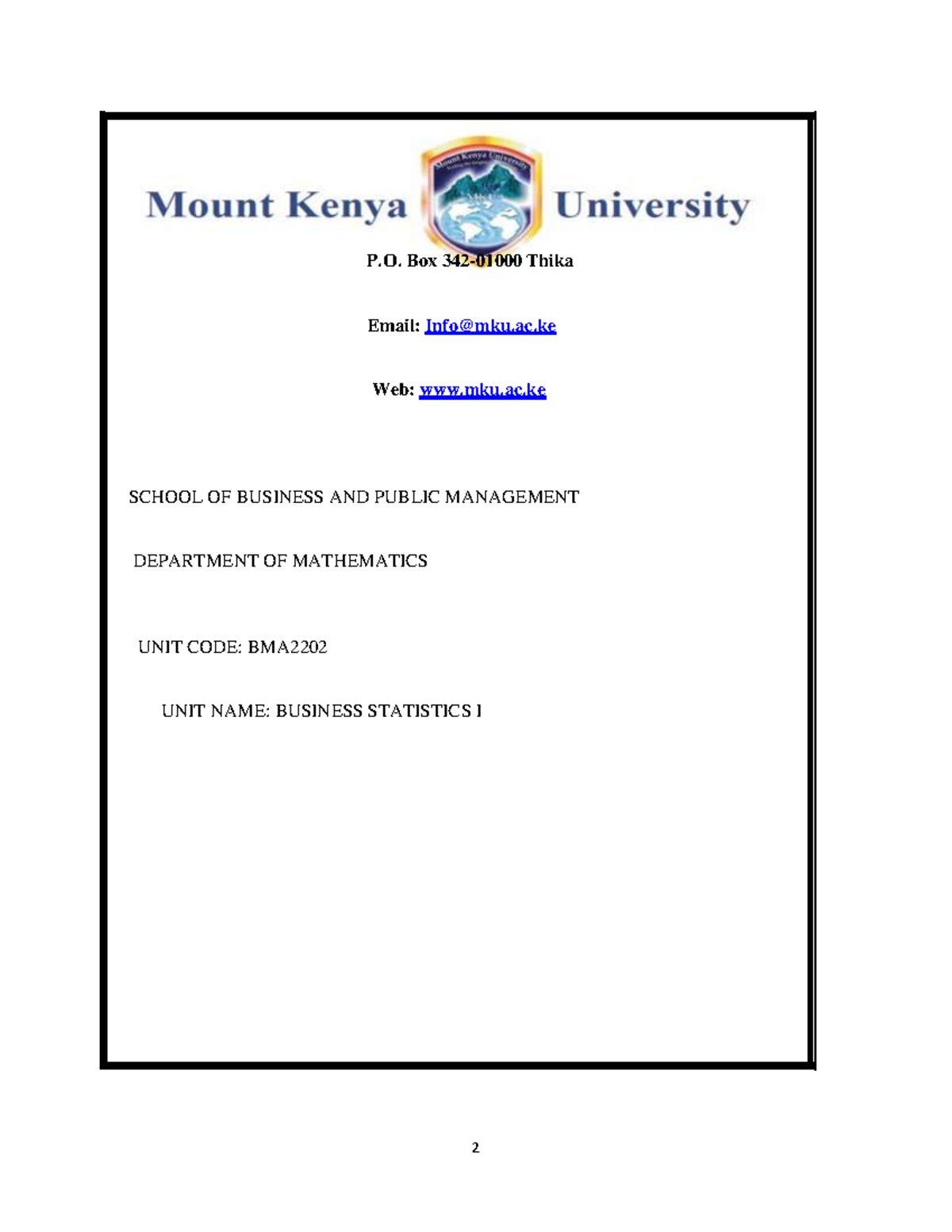 BMA2202 Business Statistics I: Course Outline and Key Concepts - Studocu